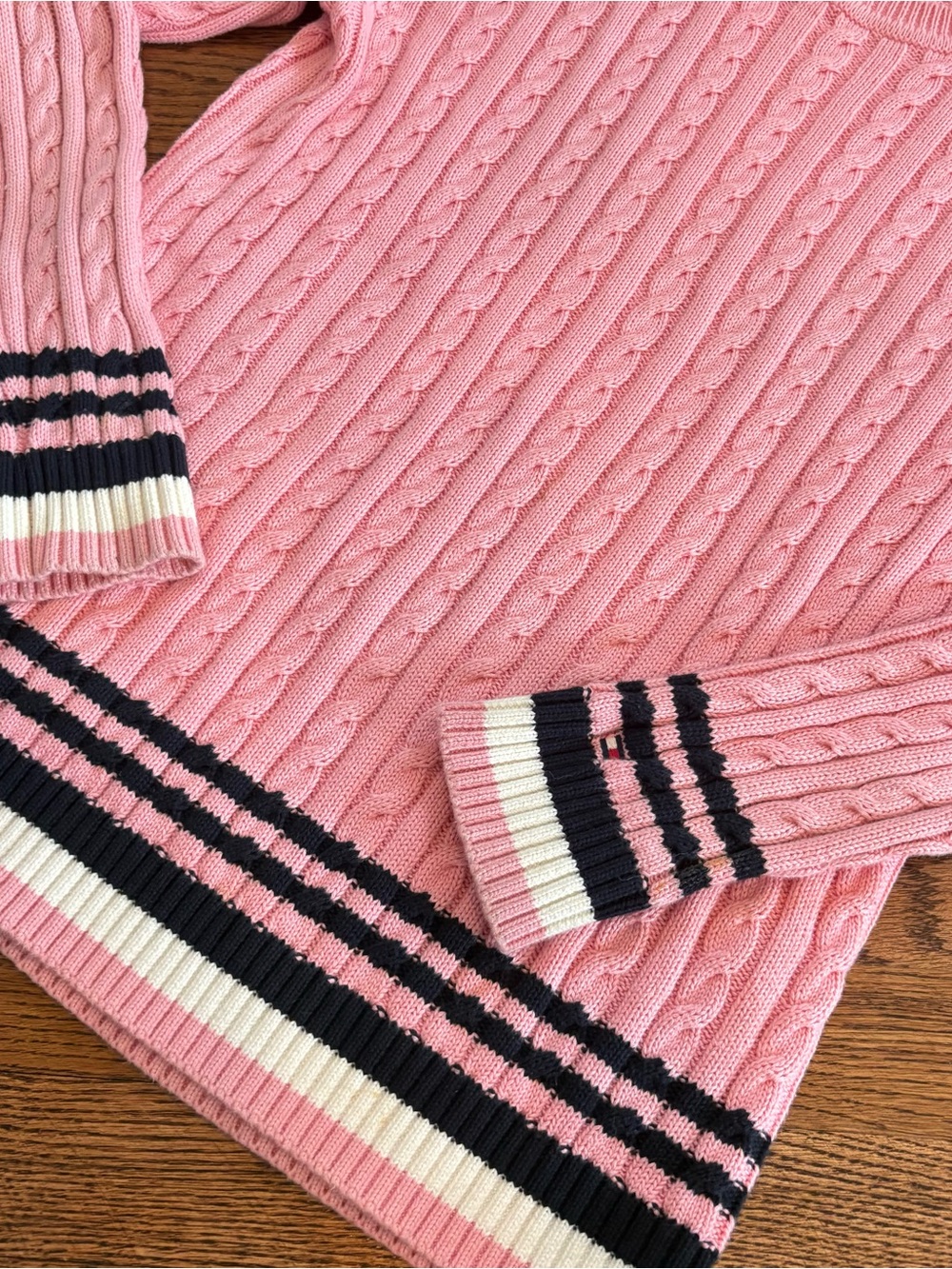 Tommy Hilfiger Pink Cable-Knit Crewneck Sweater with Navy & White Trim - Picture 4 of 6